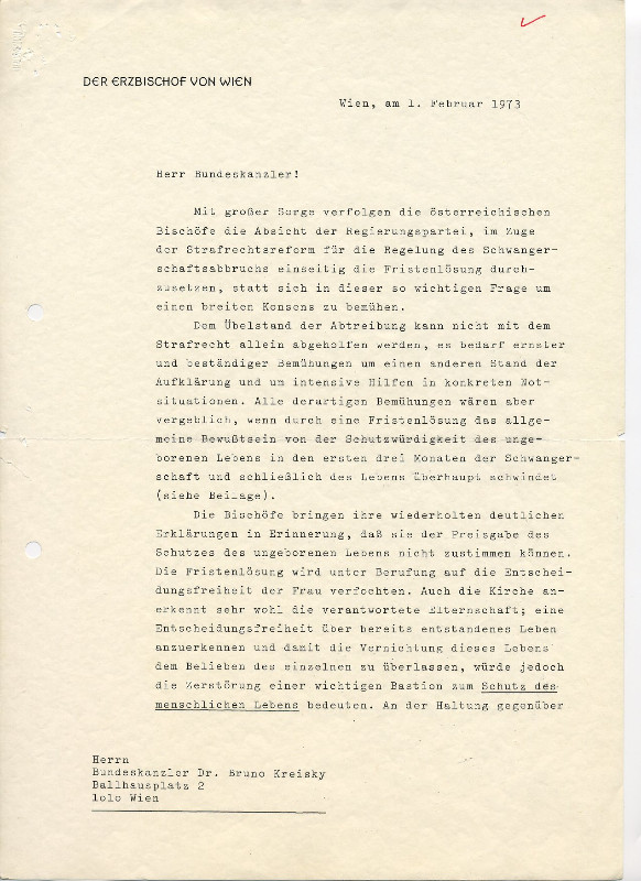 Schreiben Kardinal König - Bruno Kreisky 1973