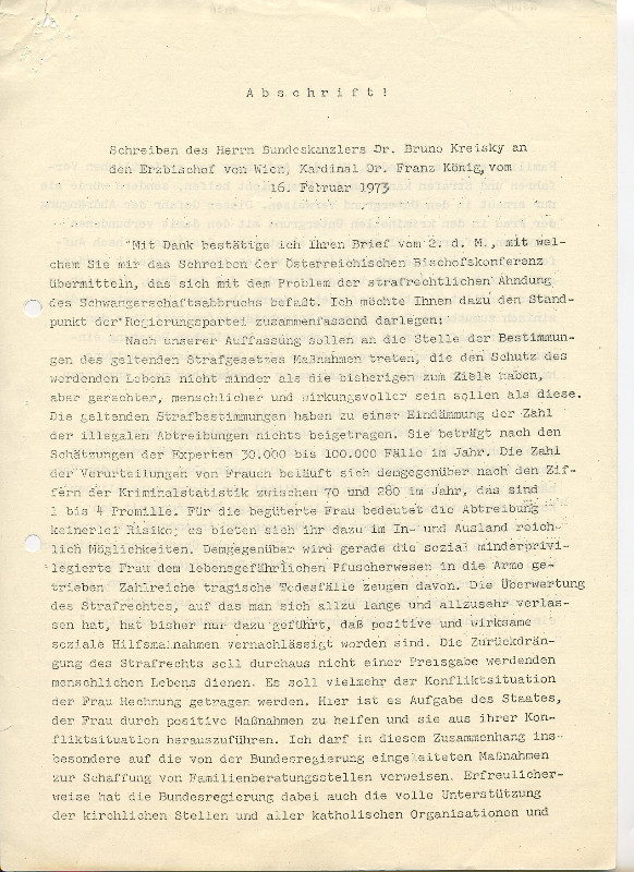 Schreiben Kardinal König - Bruno Kreisky 1973